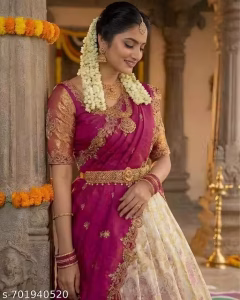 Trending Kanjivaram Silk Blend Lehenga Choli Set with Embroidery Cut work Net Dupatta