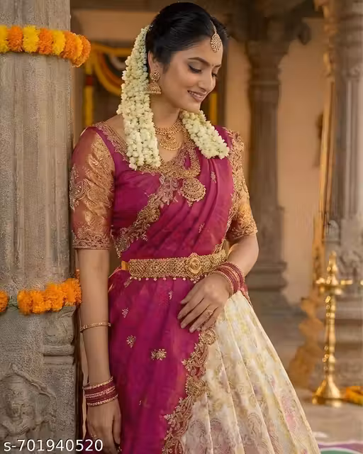 Trending Kanjivaram Silk Blend Lehenga Choli Set with Embroidery Cut work Net Dupatta